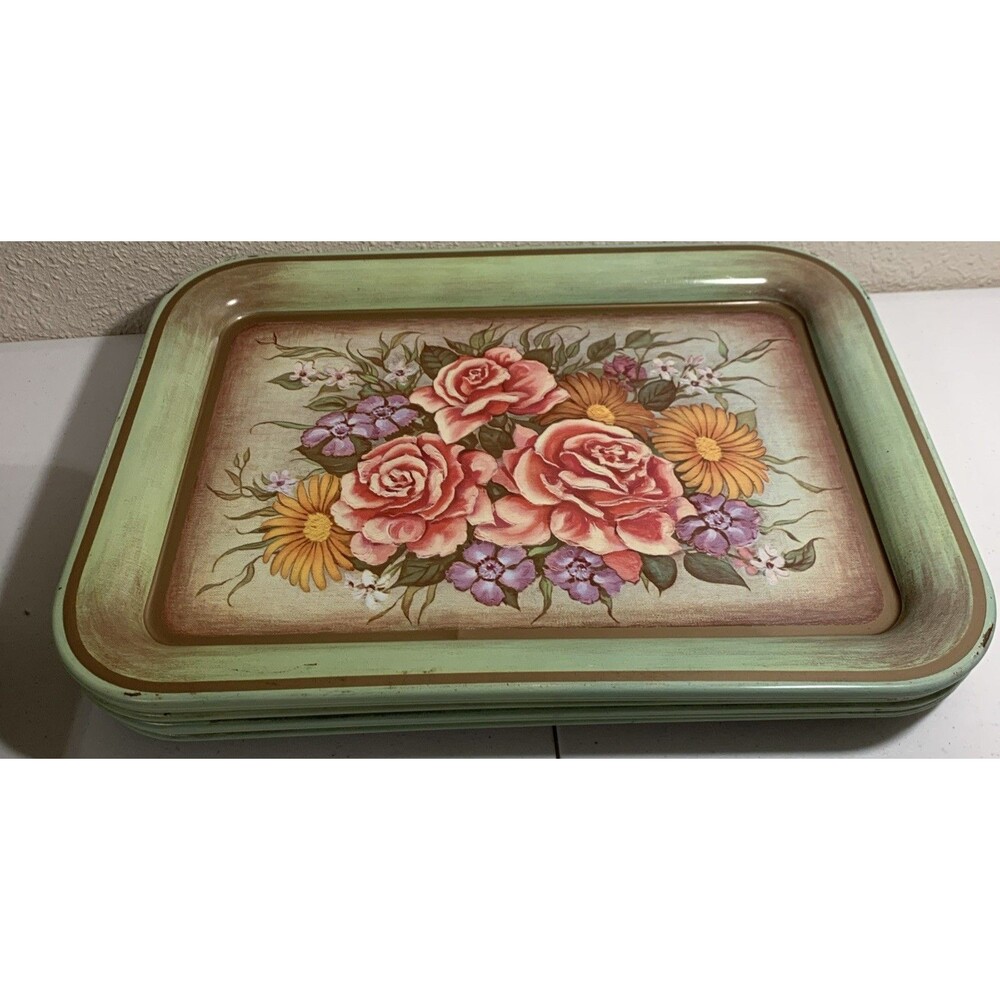 Vintage Metal TV Lap Trays Floral Roses Shabby Chic Country Cottage Set Of 2